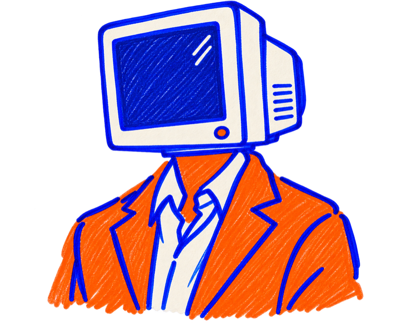 Illustrated computer-headed figure in an orange blazer