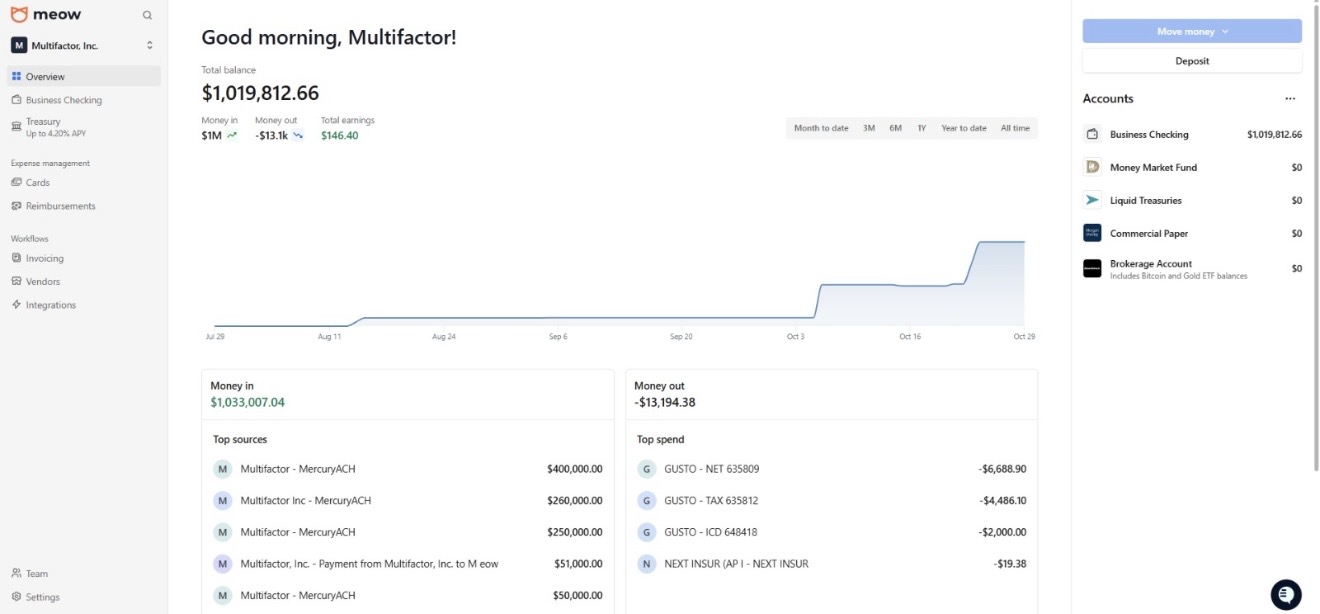 The Multifactor business checking account holding $1,019,812.66