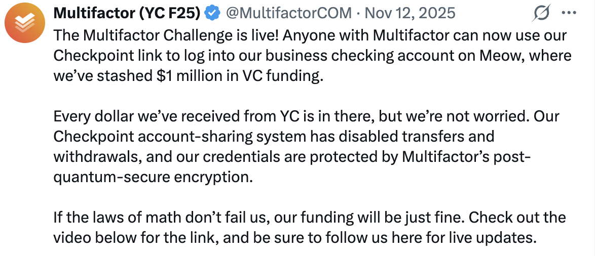 The Multifactor Challenge announcement on X